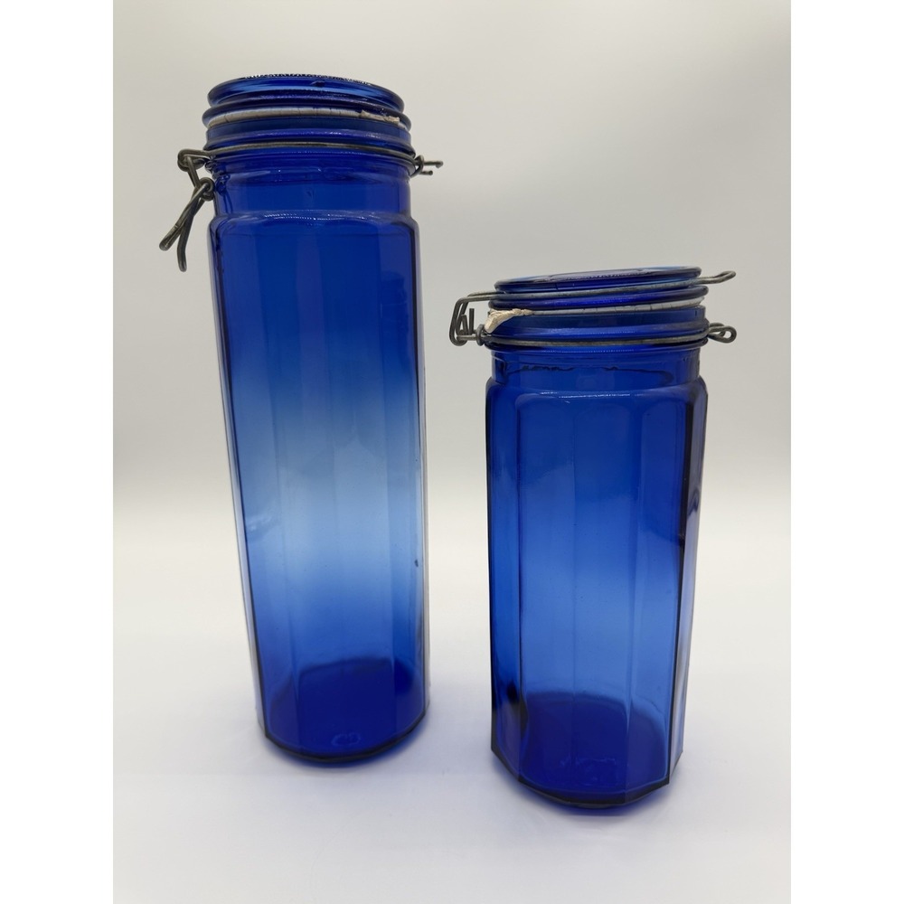VTG Set Of 13" & 10" Cobalt Blue Glass 12-Panel Wire Bail Clamp Canisters w/Lids